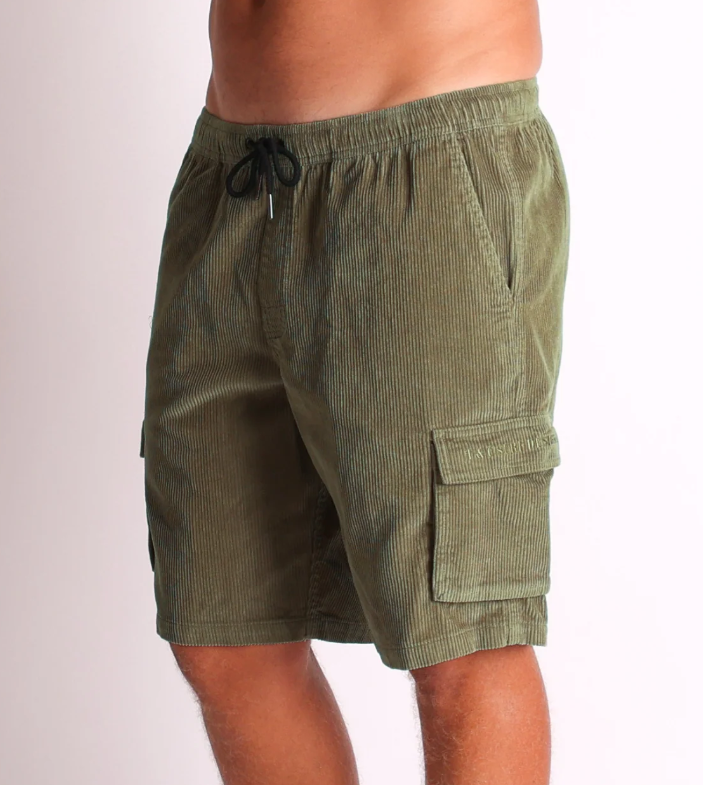Town and Country Barrack Cord Shorts
 in military colourway from the side
