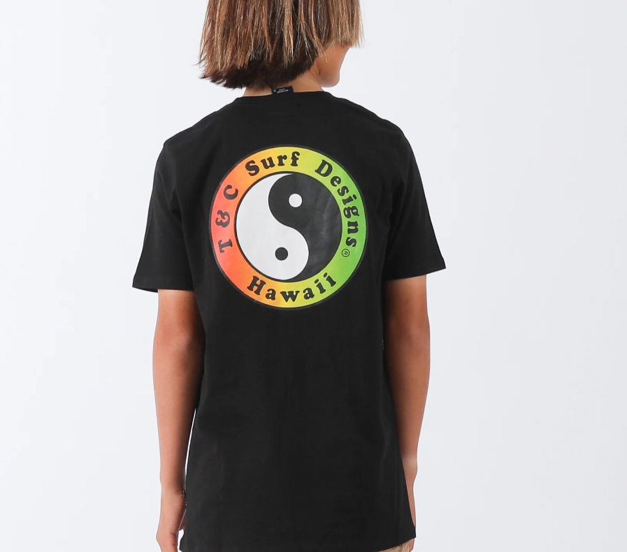T & C Boys OG Logo T-Shirt in black with rasta fade yin and yang logo from the rear