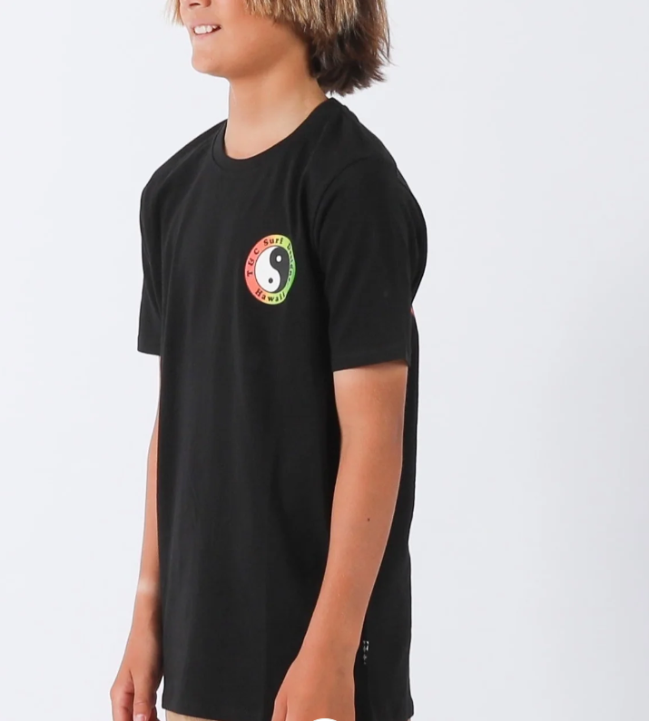T & C Boys OG Logo T-Shirt in black with rasta fade yin and yang logo from the side