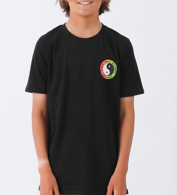 T & C Boys OG Logo T-Shirt in black with rasta fade yin and yang logo from the front