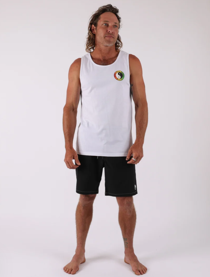 T & C OG Men's Singlet in white on model from the front