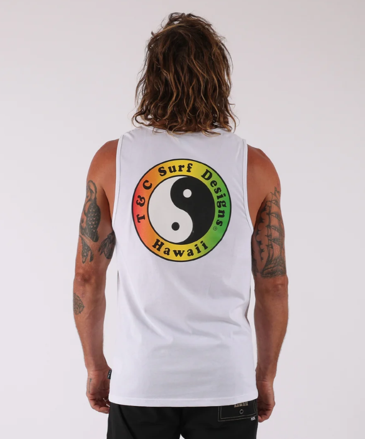 T & C OG Men's Singlet in white on model from the rear