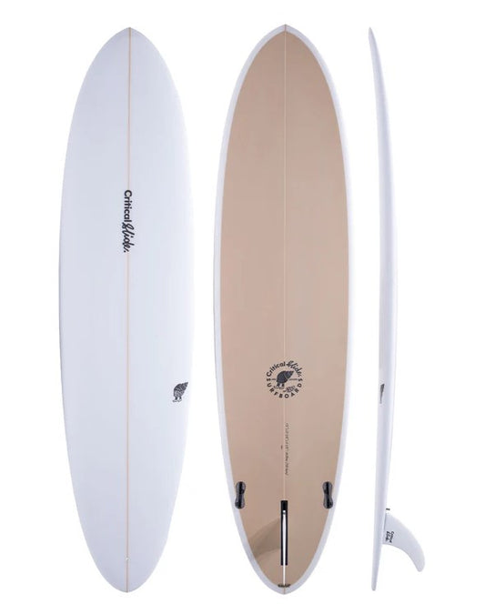 Critical Slide 8'0 Hermit PU Midlength Surfboard in white and khaki showing deck, side and bottom views