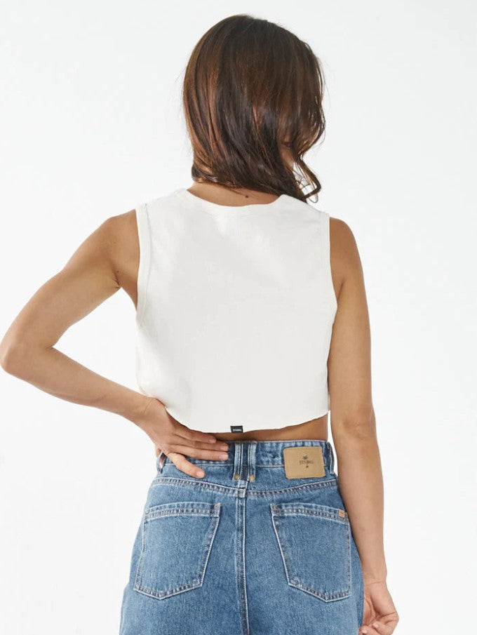 THRILLS DELUXE SUPER CROP TANK Sum22 cream cropped tank with rolled hem logo in top left cornner back
