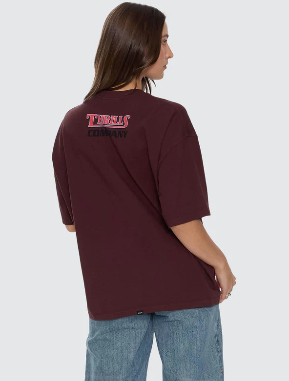 Thrills Full Throttle Tee in bitter chocolate colourway on model from rear