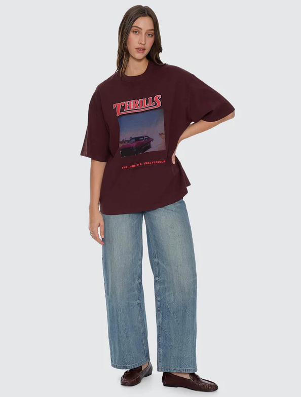 Thrills Full Throttle Tee in bitter chocolate colourway on model in blue jeans