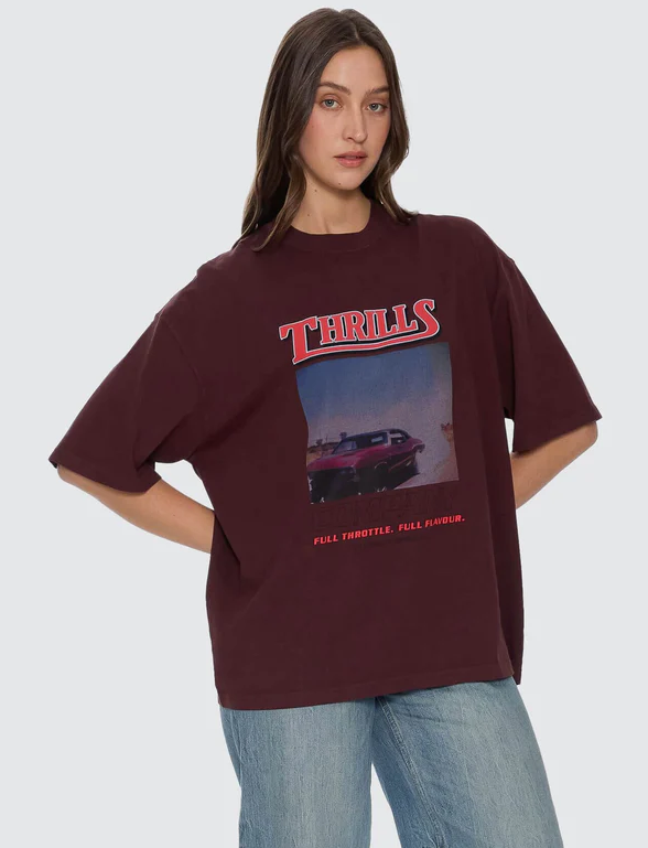 Thrills Full Throttle Tee in bitter chocolate colourway on model from front close up