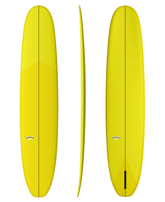 Thunderbolt 9'6 CJ Nelson Slasher Low Pro Longboard in yellow showing deck, rail and bottom views