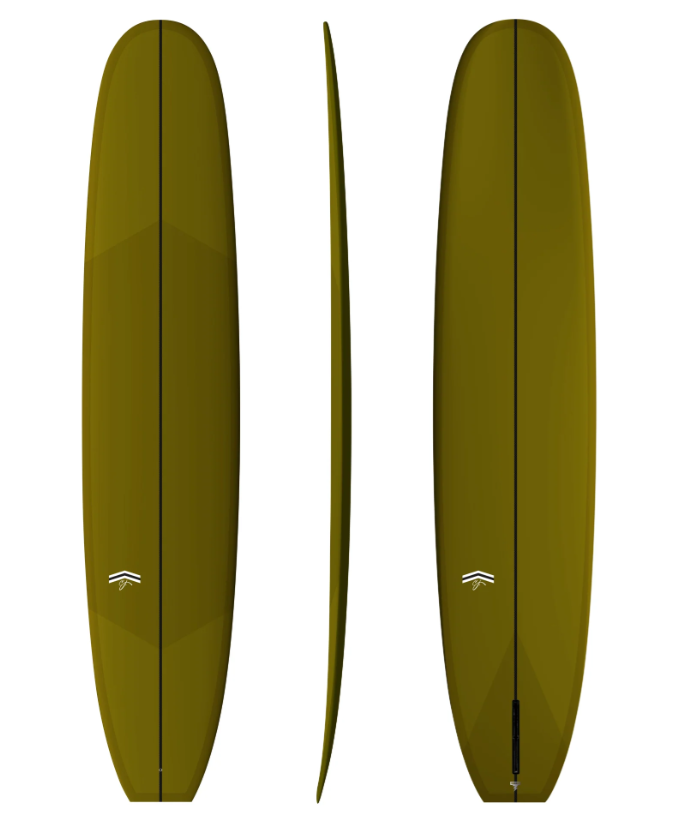 Thunderbolt Silver 9'6 CJ Nelson Sprout 2.0 Longboard in dark gold colourway showing deck, rail and bottom of the board