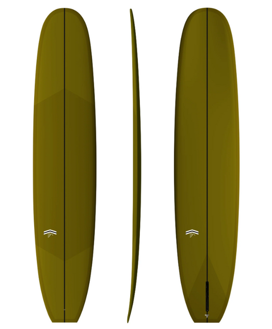 Thunderbolt Silver 9'6 CJ Nelson Sprout 2.0 Longboard in dark gold colourway showing deck, rail and bottom of the board