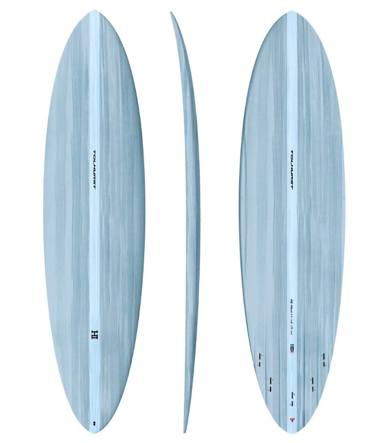 Thunderbolt 6'8 Harley Ingleby Mid 6 Mini Surfboard in gloss light blue epoxy showing deck, rail and bottom views