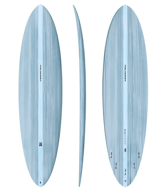 Thunderbolt 6'8 Harley Ingleby Mid 6 Mini Surfboard in gloss light blue epoxy showing deck, rail and bottom views