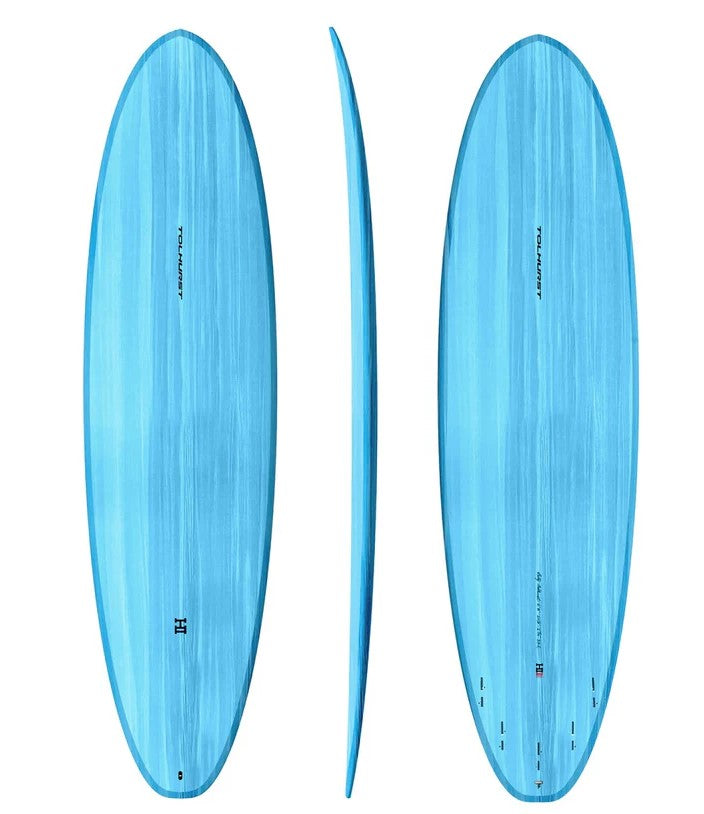 Thunderbolt Harley Ingleby 7'4 The Moe Midlength Surfboard in blue showing top, side and bottom views
