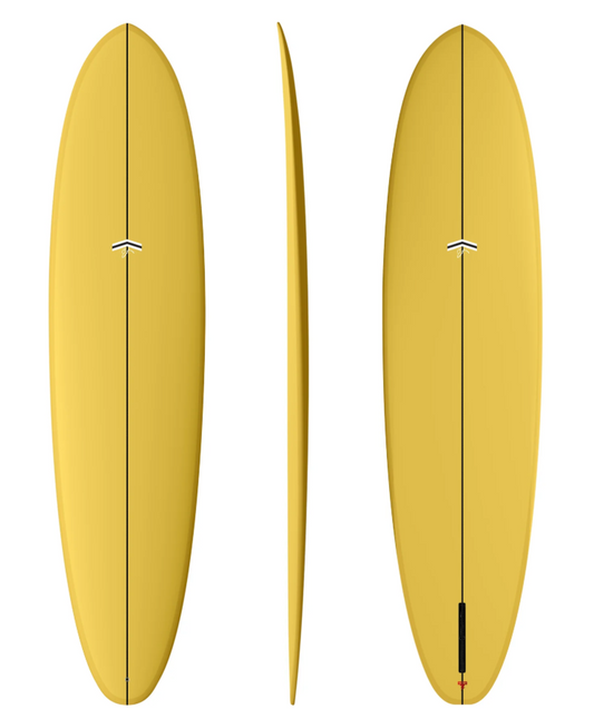 Thunderbolt Red 7'6 CJ Nelson Outlier Midlength Surfboard in mustard colourway showing deck, rail and bottom views