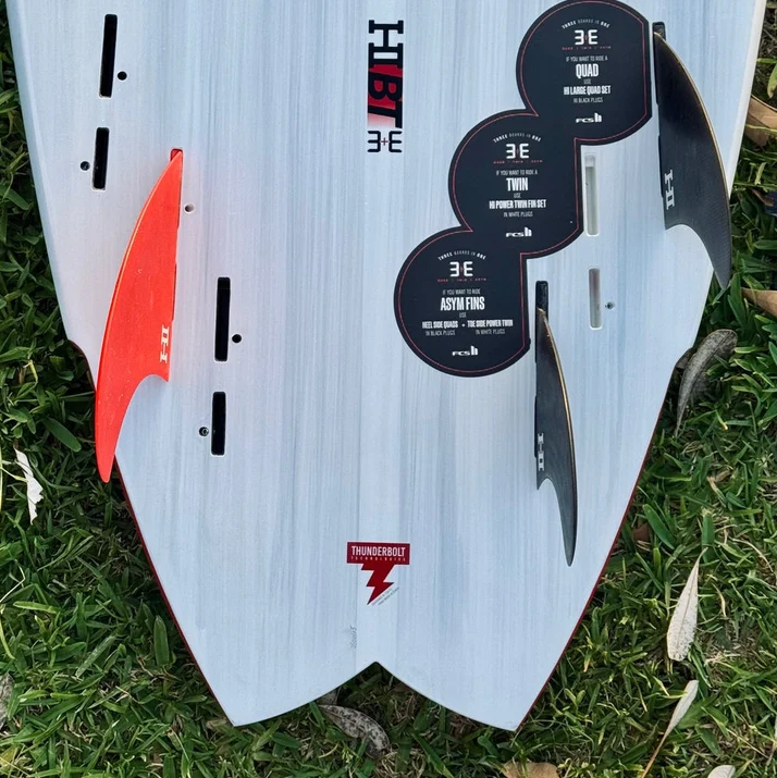 Thunderbolt Red 6'6 Harley Ingleby HIBT 3+3 Surfboard showing assym fin configuration