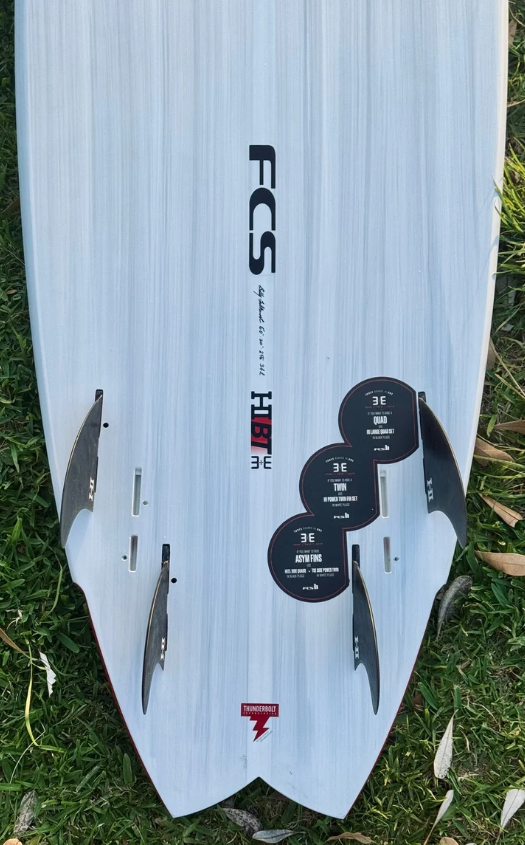 Thunderbolt Red 6'6 Harley Ingleby HIBT 3+3 Surfboard showing quad fins 