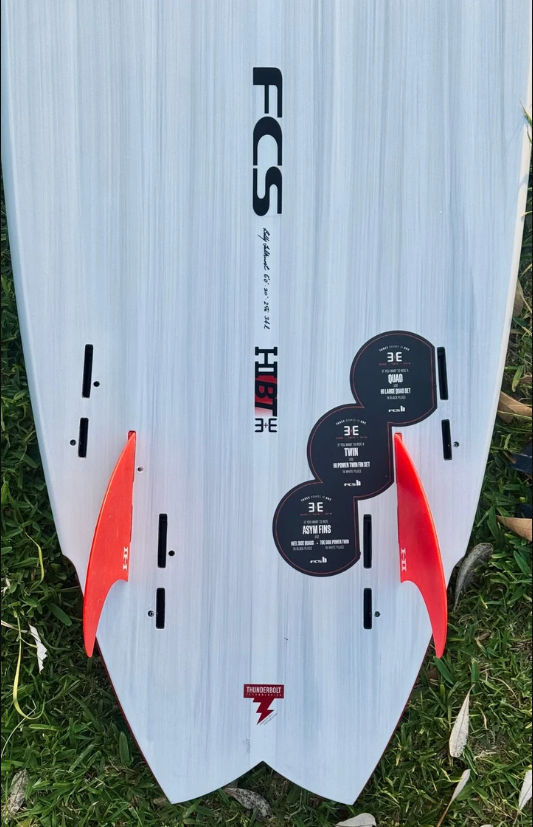 Thunderbolt Red 6'6 Harley Ingleby HIBT 3+3 Surfboard showing twin fins
