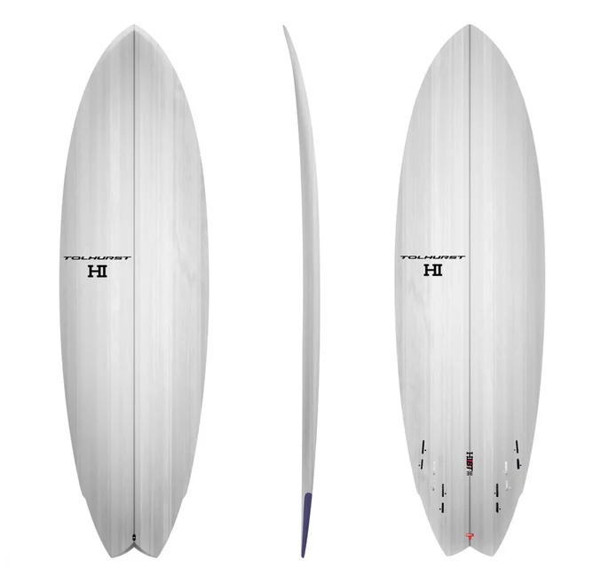 Thunderbolt Red 6'6 Harley Ingleby HIBT 3+3 Surfboard showing deck, rail and bottom views