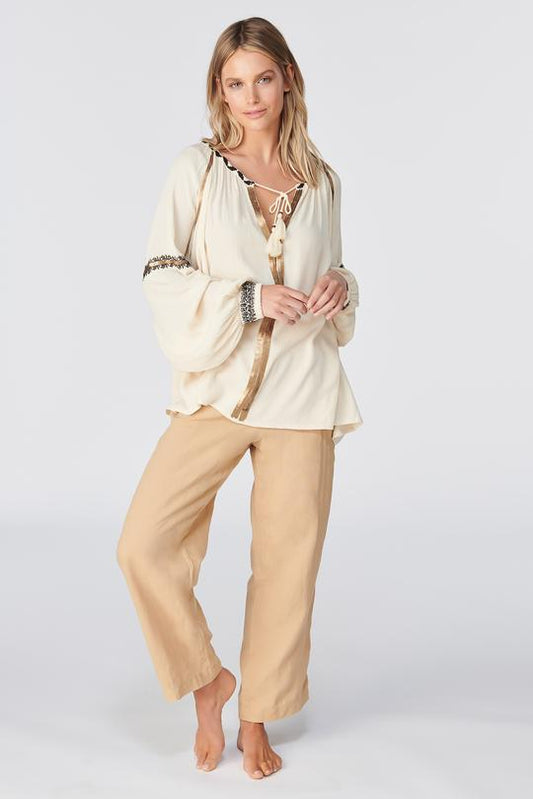 Win21 TIGERLILY NAVIA TIANA LS BLOUSE cream blouse with copper and navy details tie strings on collar 
