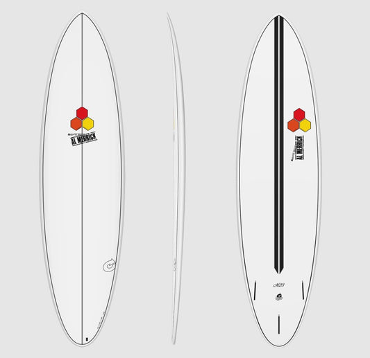 Torq Channel Ilands 7'4 M23 Midlength Surfboard in white with black pinlines