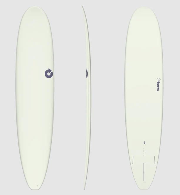Torq TET 9'0 Pop Epoxy Longboard in pop ivory colourway showing the deck, rail and bottom views