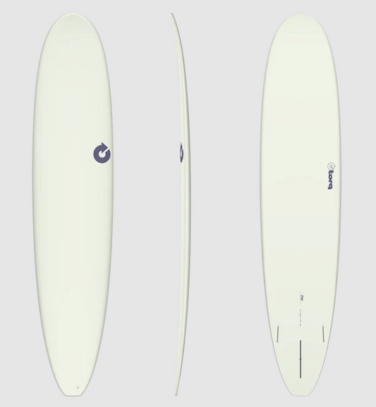Torq TET 9'0 Pop Epoxy Longboard in pop ivory colourway showing the deck, rail and bottom views