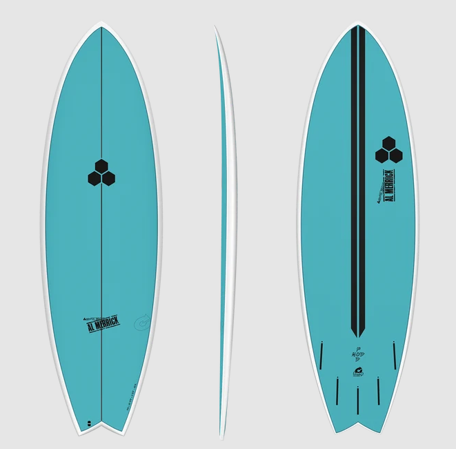 Torq Channel Island 6'2 Pod Mod Xlite Epoxy Surfboard. in marine blue showing deck, rail and bottom views