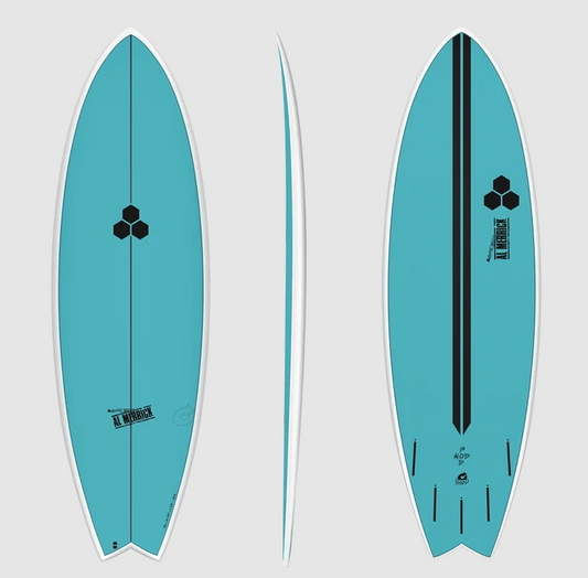 Torq Channel Island 6'2 Pod Mod Xlite Epoxy Surfboard. in marine blue showing deck, rail and bottom views