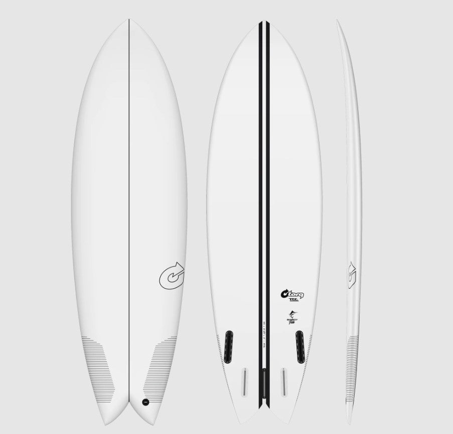 Torq TEC 6'6 Bog Boy Fish Surfboard showing deck, side and bottom