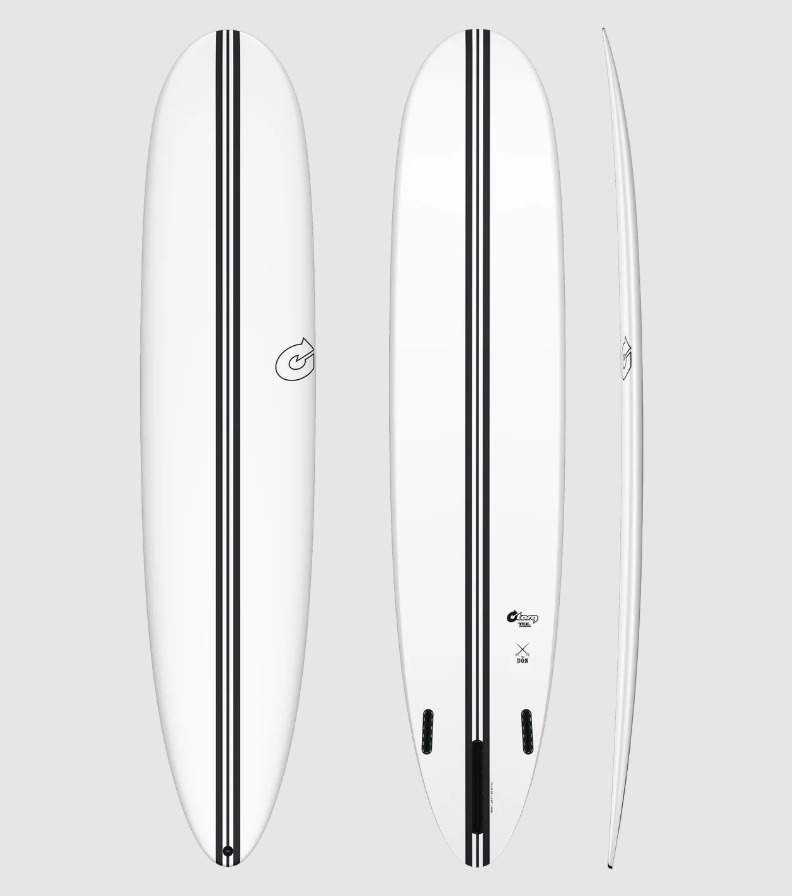 Torq TEC The Don XL 9'0 Epoxy Longboard showing deck, bottom and rail views