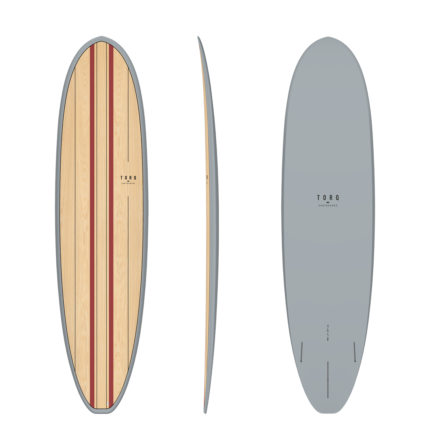 TORQ TET 7'8 VOLUME + WOOD FUNBOARD in wood and grey finish showing deck, side and bottom views