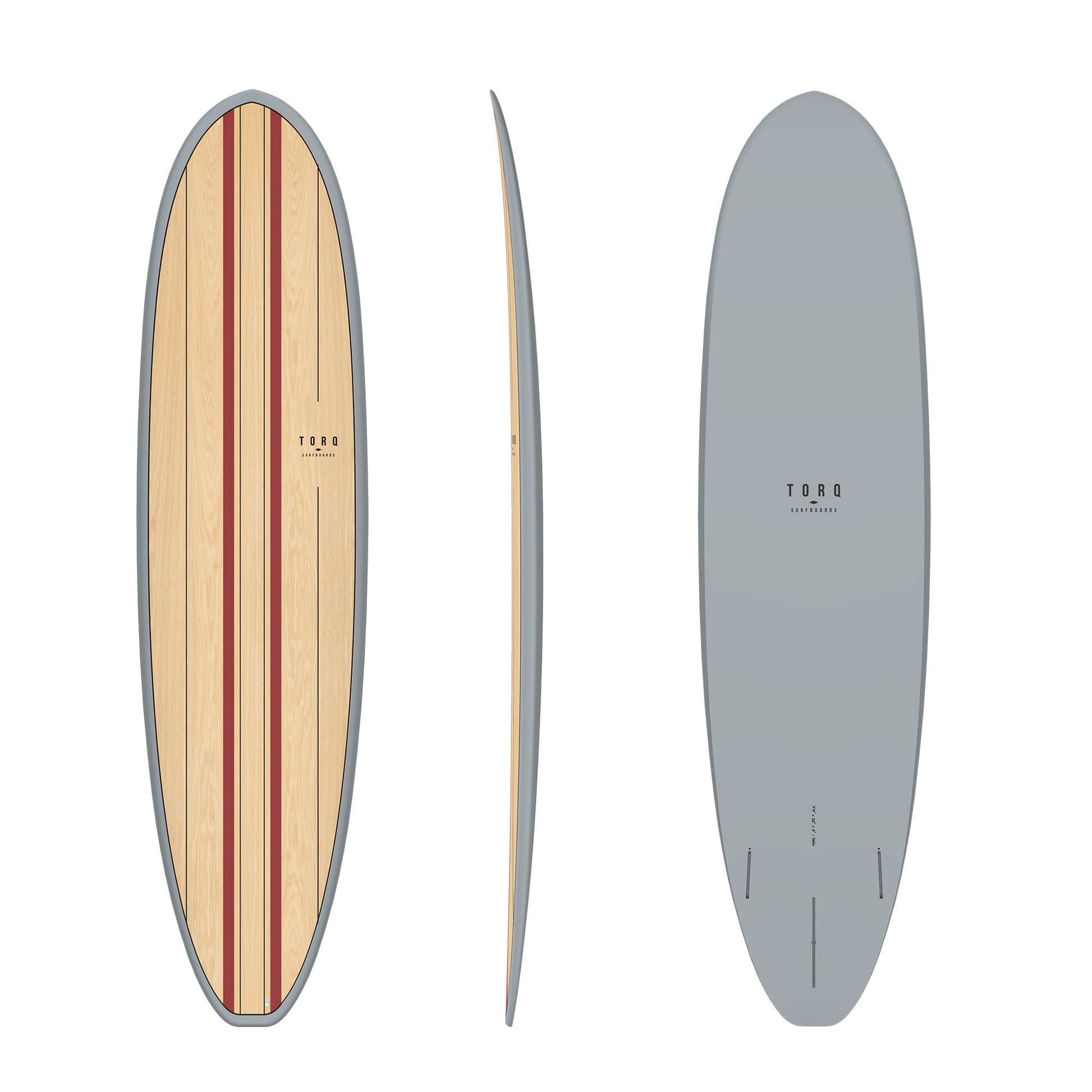 TORQ TET 7'8 VOLUME + WOOD FUNBOARD in wood and grey finish showing deck, side and bottom views