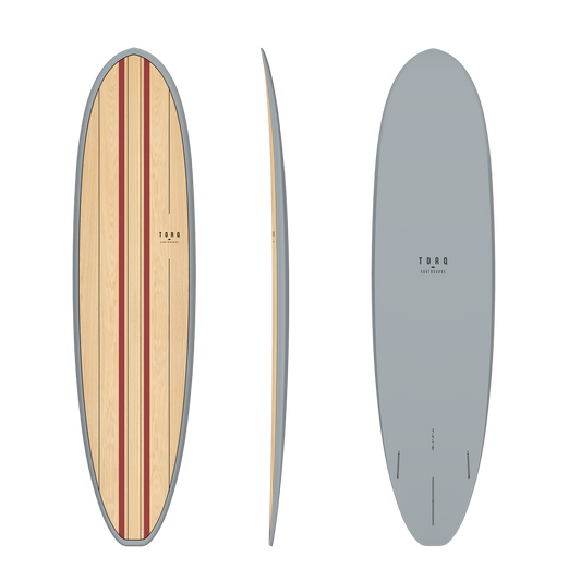 TORQ TET 7'8 VOLUME + WOOD FUNBOARD in wood and grey finish showing deck, side and bottom views