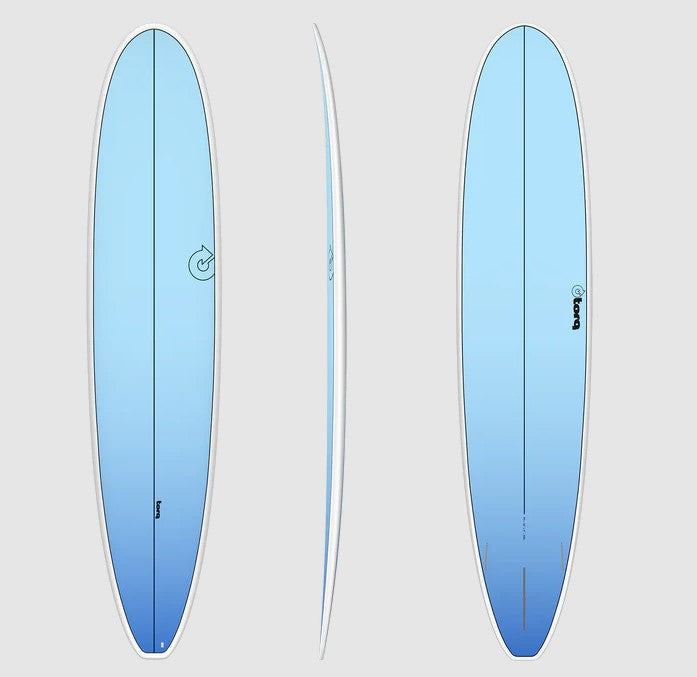Torq TET 9'0 Epoxy Longboard in blue fade colourway showing deck, rail, and bottom views