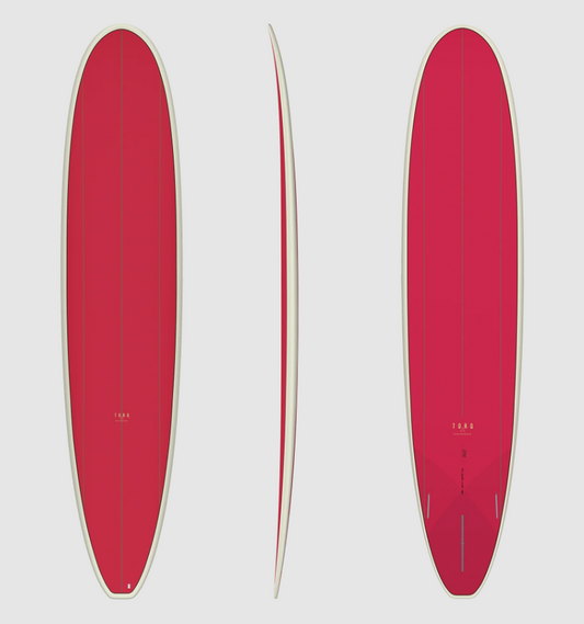 Torq TET 9'0 Epoxy Legacy Longboard in admiral red showing deck, rail and bottom views of the board