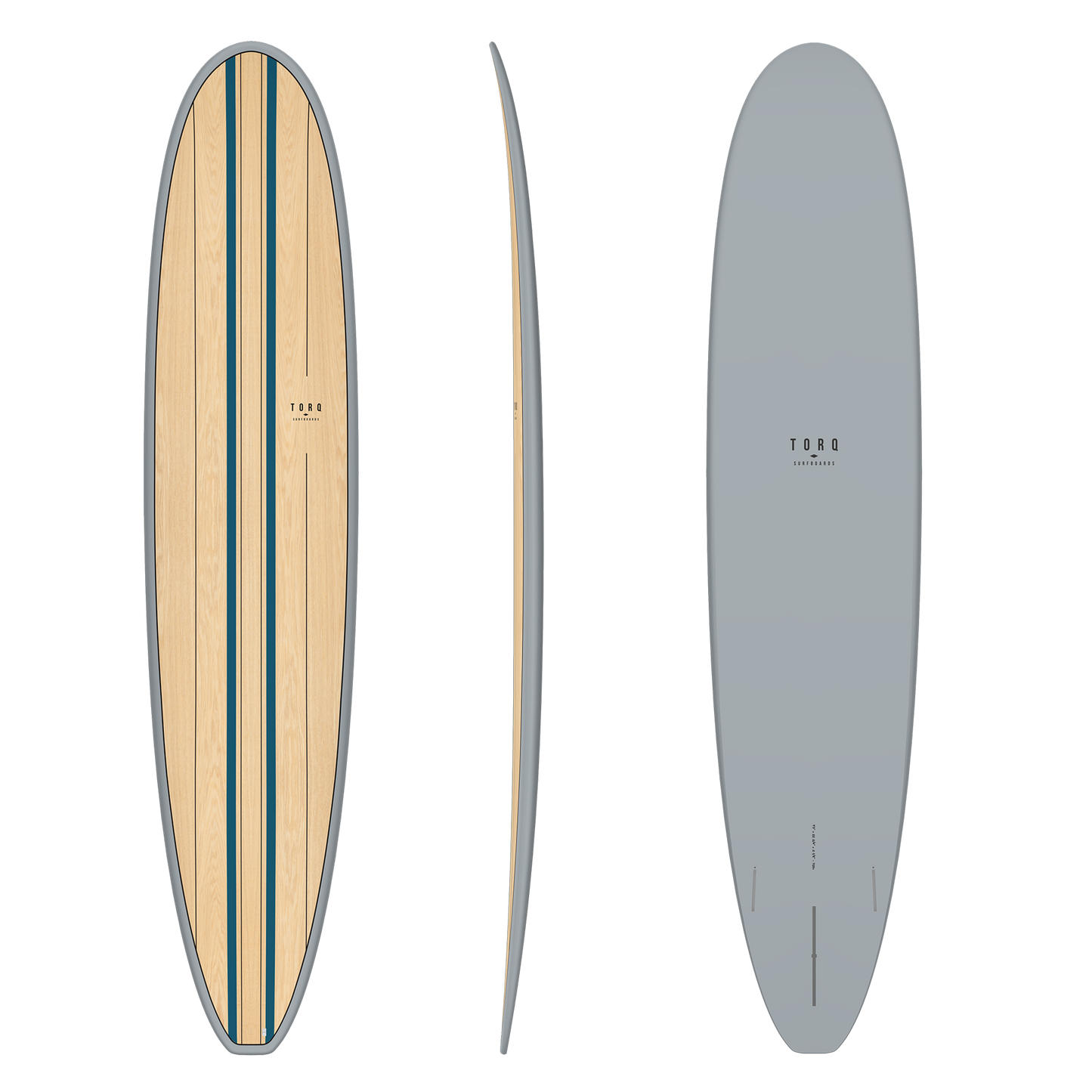 TORQ TET 9'0 WOOD LONGBOARD in wood with grey finish epoxy showing deck, side and bottom views