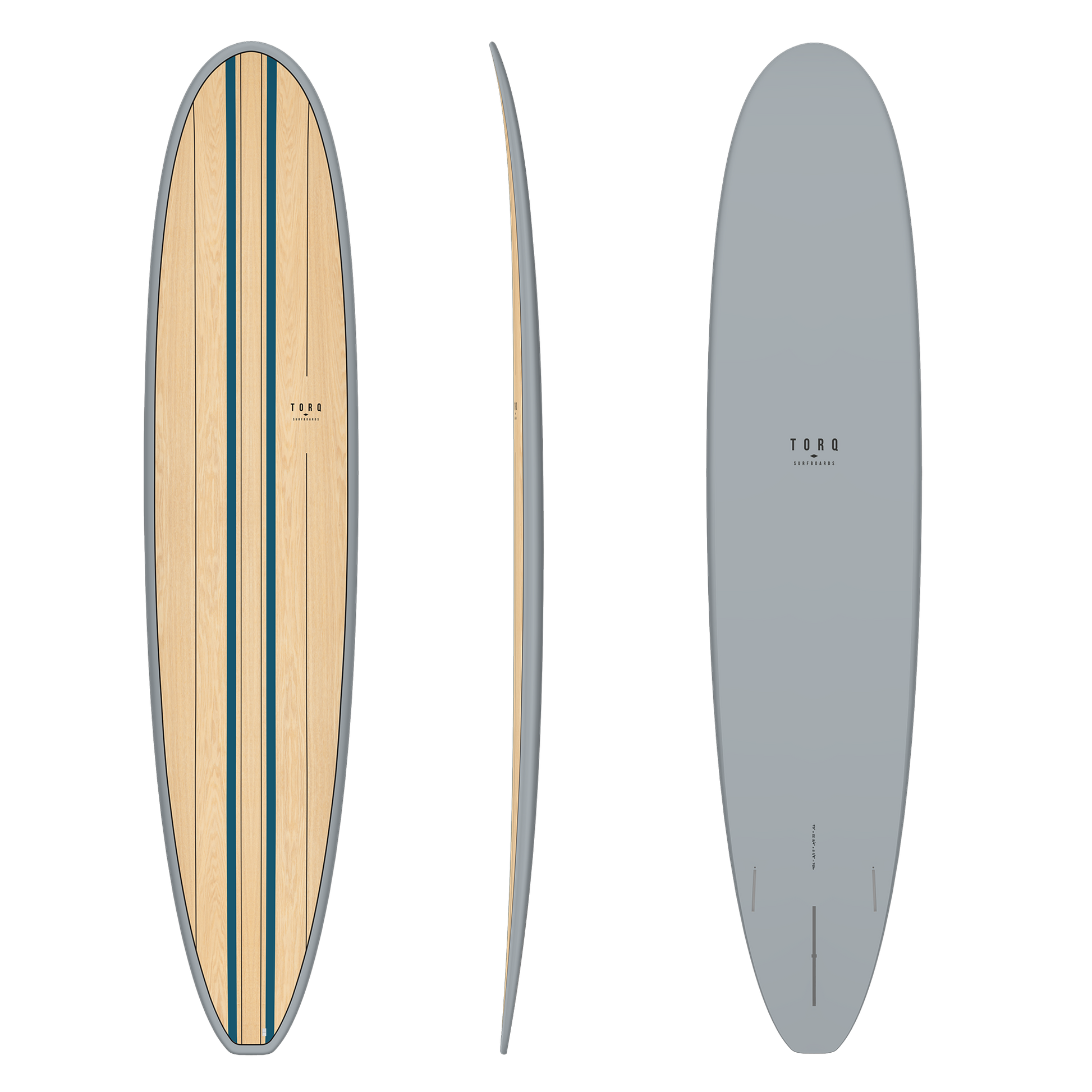 TORQ TET 9'0 WOOD LONGBOARD in wood with grey finish epoxy showing deck, side and bottom views