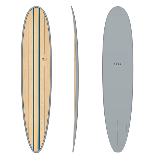 TORQ TET 9'0 WOOD LONGBOARD in wood with grey finish epoxy showing deck, side and bottom views