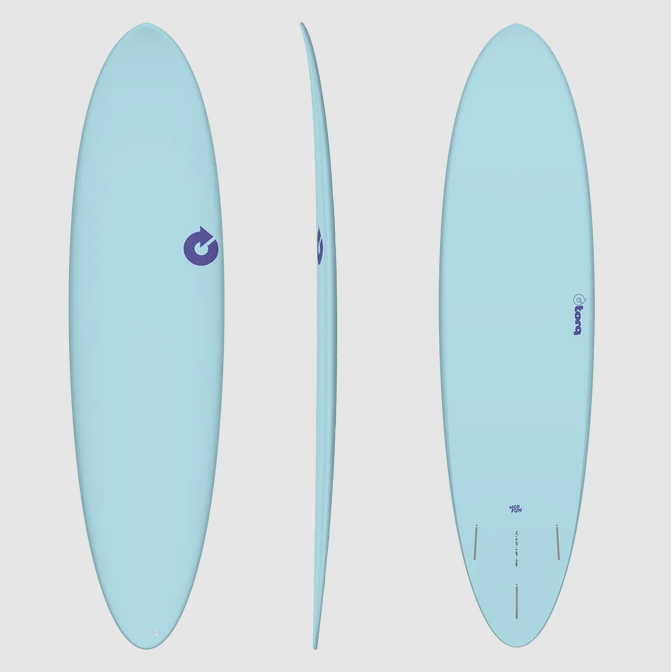 Torq TET 7'2 Mod Fun Epoxy Funboard
 in pop cobalt colourway showing deck, rail and bottom views