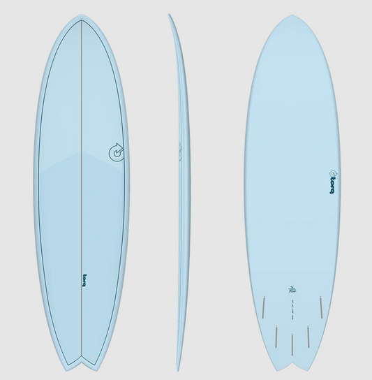 Torq TET 7'2 Mod Fish Epoxy Surfboard in laguna blue colourway showing deck, rail and bottom views