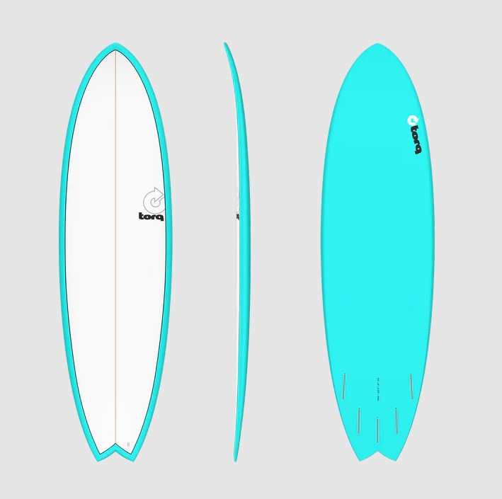 Torq TET 6'6 Epoxy Mod Fish Surfboard in miami blue pinline colour showing deck, side and bottom views