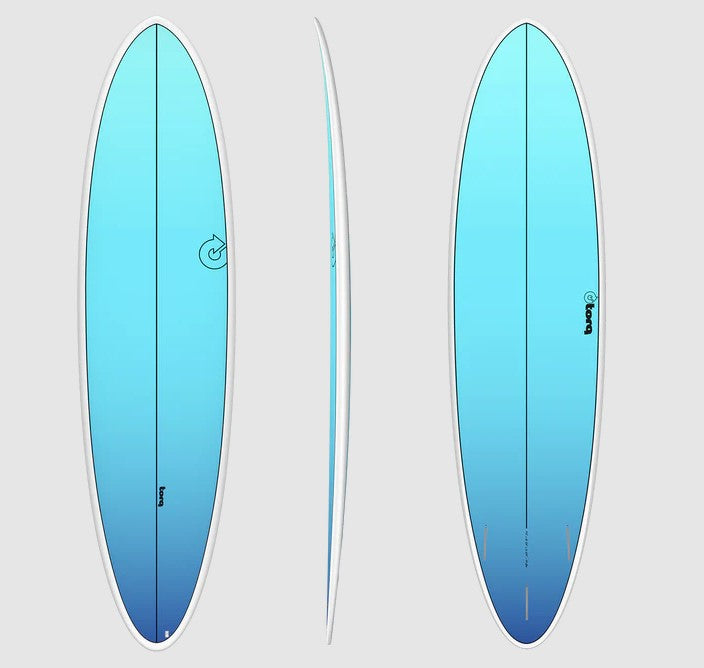 Torq TET 7'6 Epoxy Mod Fun Midlength Surfboard in blue fade colourway showing deck, rail and bottom views