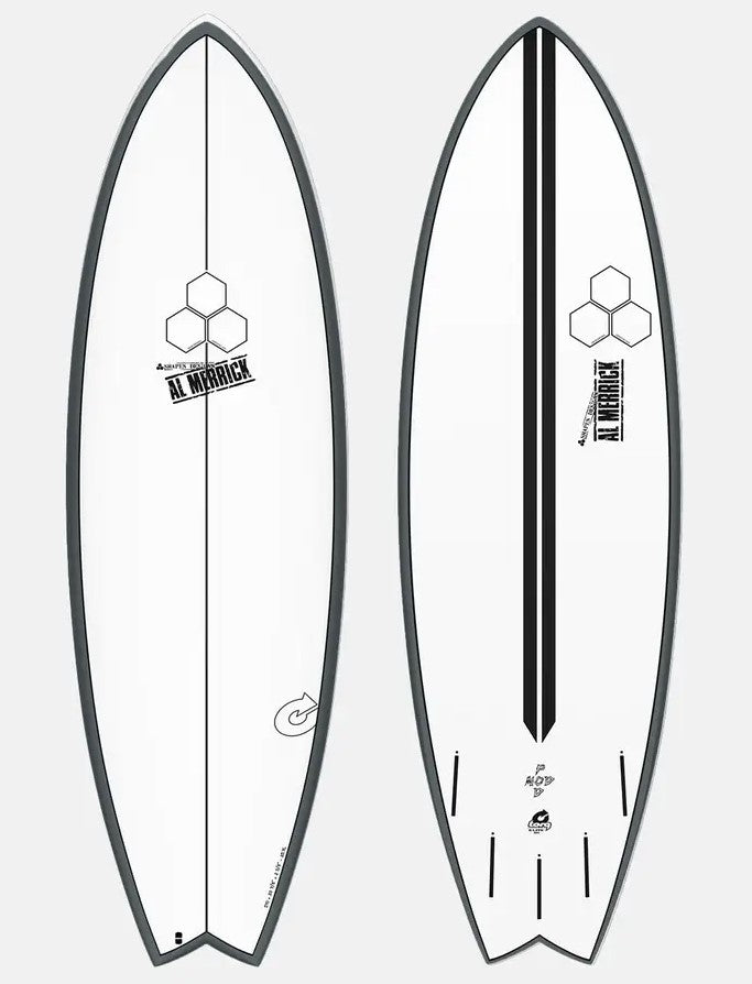 Torq Channel Islands 5'10 Pod Mod Epoxy Surfboard showing top and bottom of the board in white with graphite coloured rails