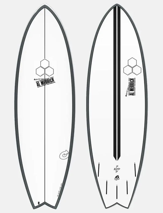 Torq Channel Islands 5'10 Pod Mod Epoxy Surfboard showing top and bottom of the board in white with graphite coloured rails