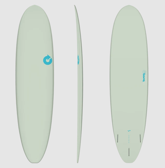 Torq TET 7'8 Volume+ Epoxy Midlength Surfboardin clay colourway showing deck, rail and bottom of the board