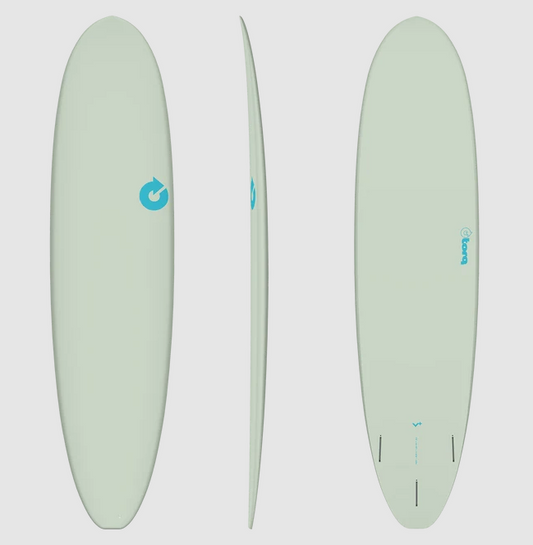 Torq TET 7'8 Volume+ Epoxy Midlength Surfboardin clay colourway showing deck, rail and bottom of the board