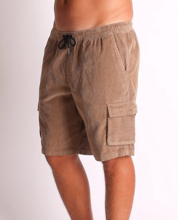 Town and Country Barrack Cord Shorts in sand colourway from front/side view