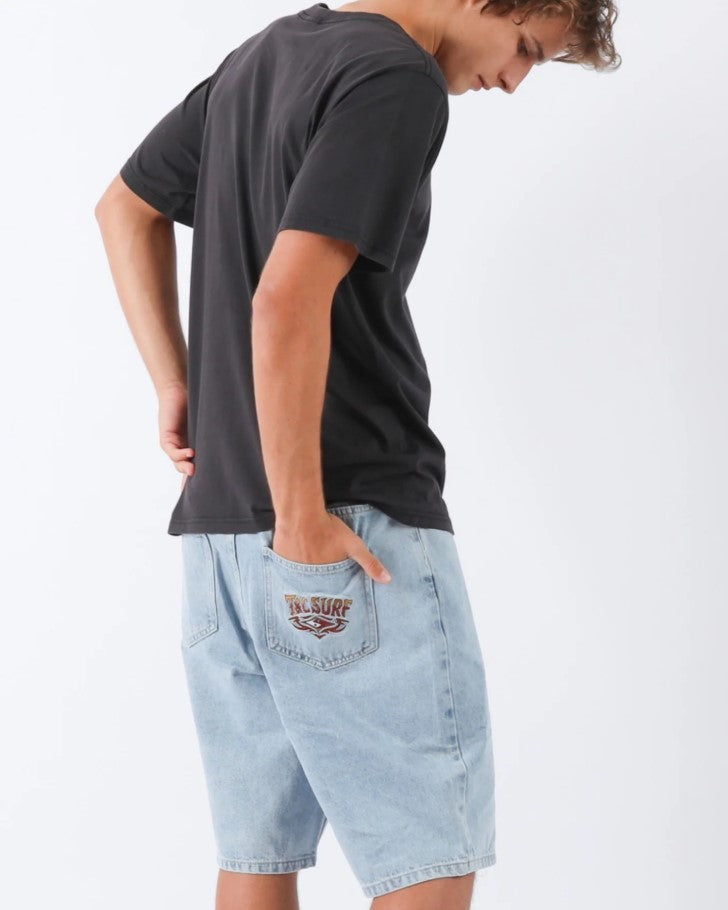 Town and Country Thrift Boys Denim Shorts in bleached blue showing rear pocket on model wearing charcoal tee from rear
