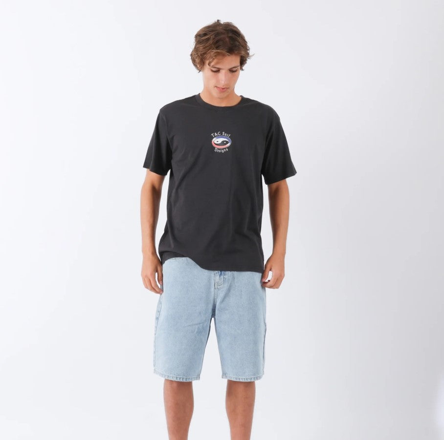 Town and Country Thrift Boys Denim Shorts  in bleached blue on model wth charcoal colour tshirt
