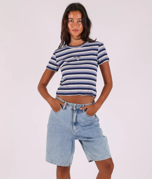 Town and Country Line Up Shrunken Fit Women's Tee in stripe on dark-haired model in jorts from front